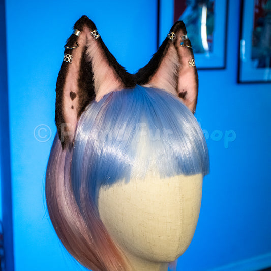 "Queenie" - Brown and Pink Cat Ears with Hearts